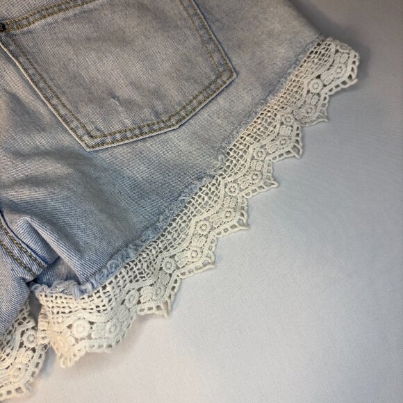 Free People Lacey Distressed Denim Cutoff Lace Hem High Rise Shorts, W28 - Picture 9 of 12